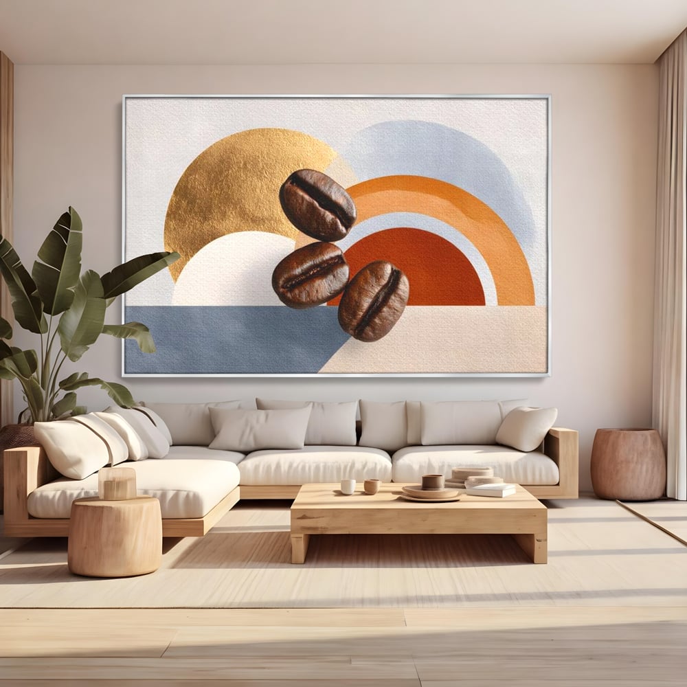 Tablou canvas cu tablou canvas cu boabe de cafea si forme geometrice, in rama de aluminiu argintiu, pe perete intr-un living